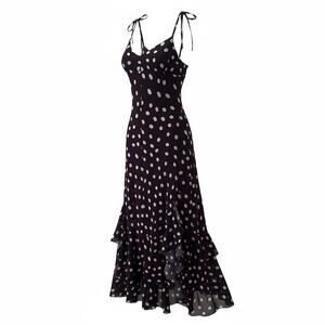 Black high low Retro s polka dot chiffon ruffle hem maxi dress